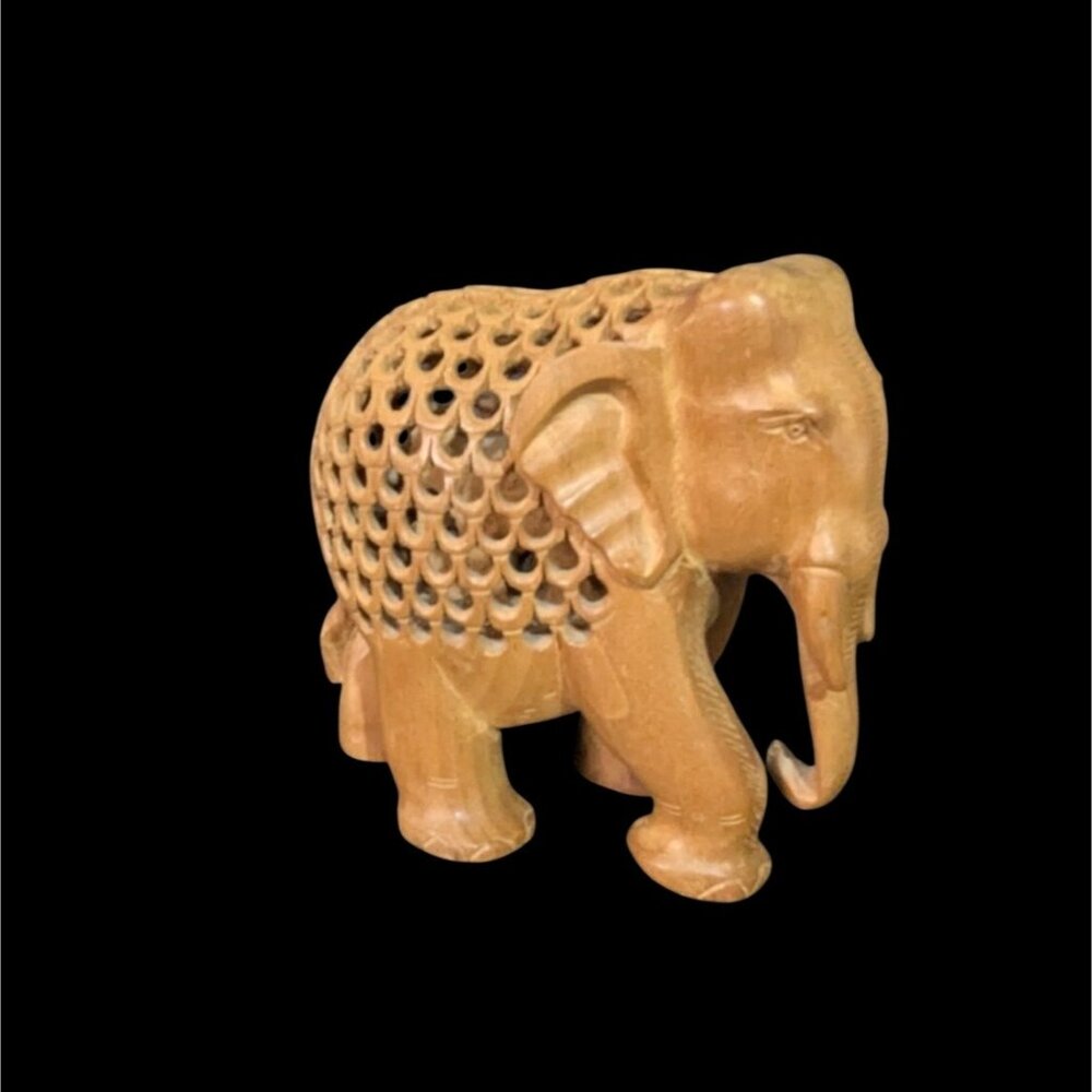 Hand-Carved Wooden Elephant Figurine Folk art hidden baby elephant 2006